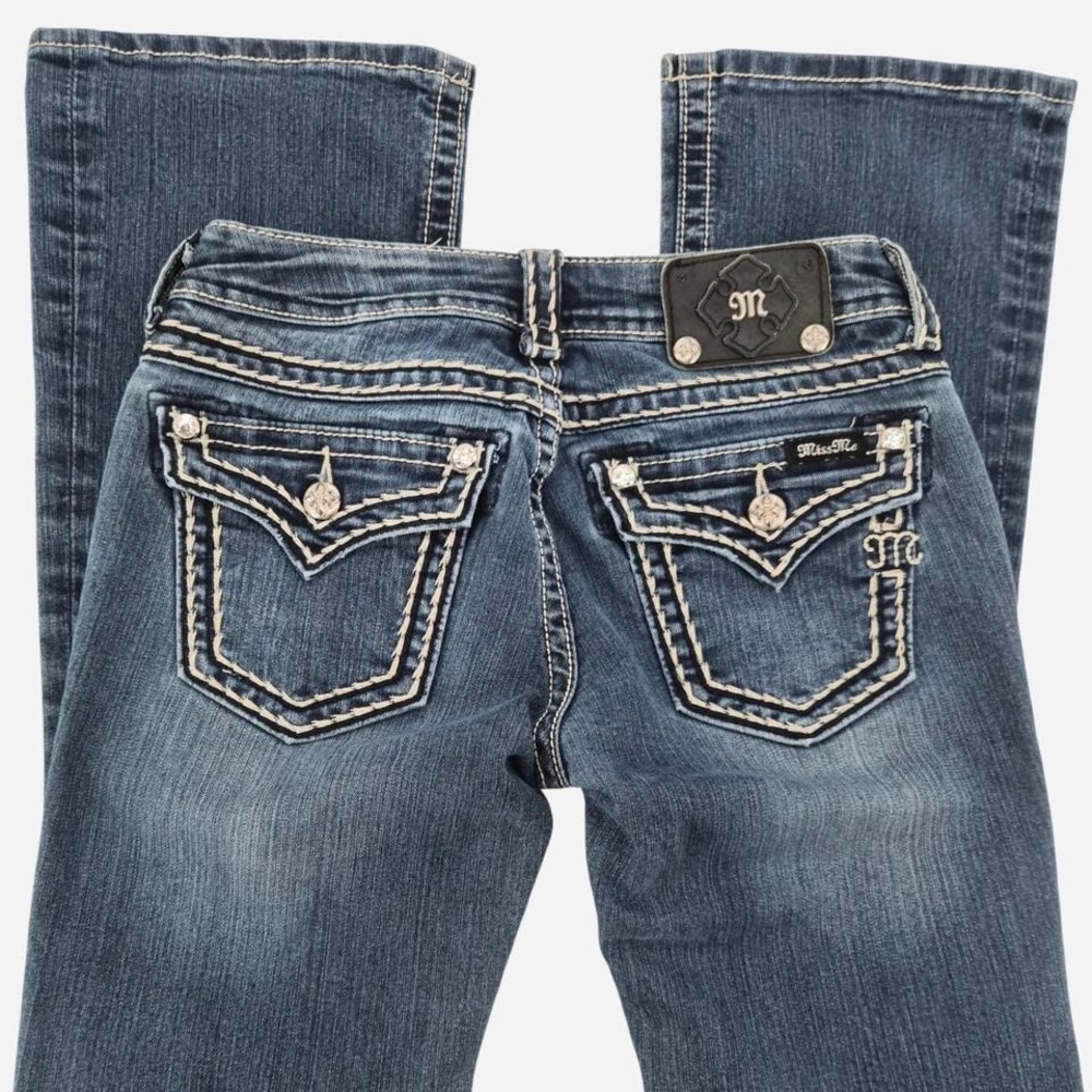 Miss Me blue bootcut jeans‎ with beige stitching